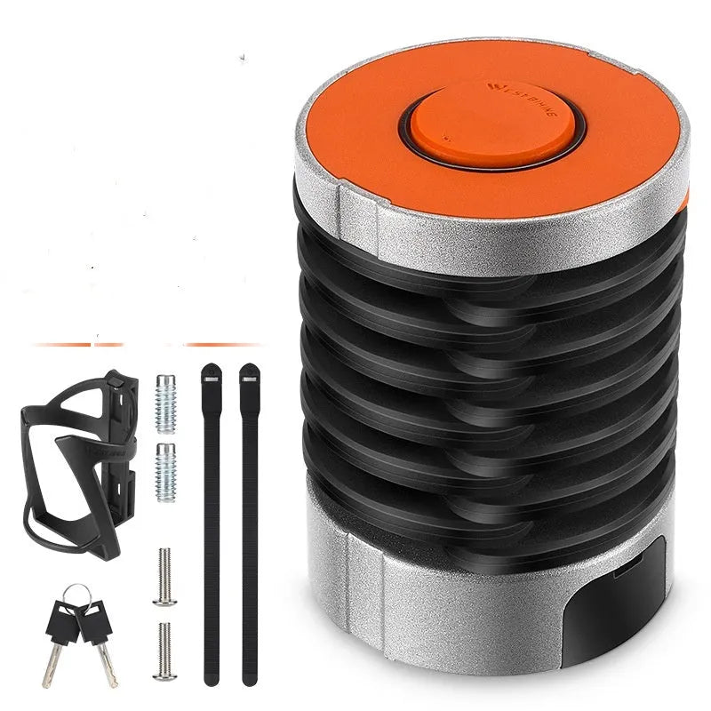 Black folding bicycle lock shown extended for use and folded for storage