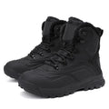 Men's black high-top lace-up winter boots with fleece lining, shown on a size 45 foot.