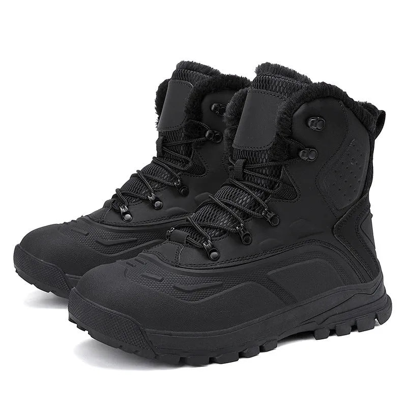Men's black high-top lace-up winter boots with fleece lining, shown on a size 45 foot.