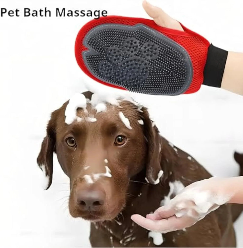 Red pet bathing glove with silicone bristles for grooming and cleaning dogs and cats