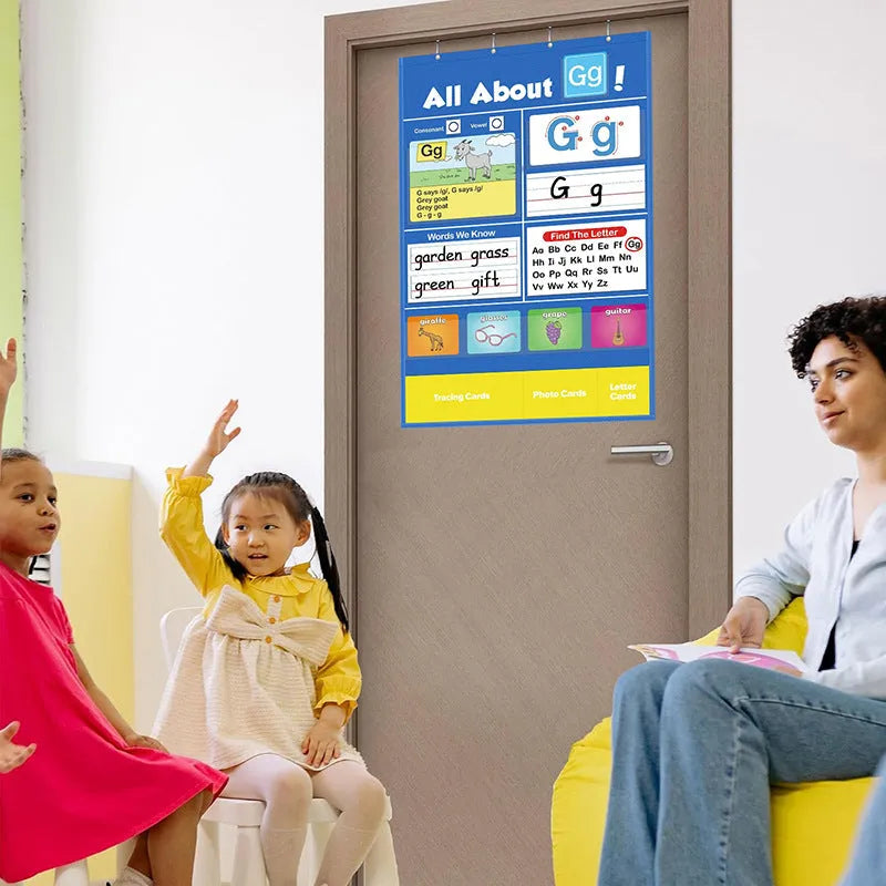 Large blue alphabet learning chart with scattered letter cards, word cards, and picture cards for children.