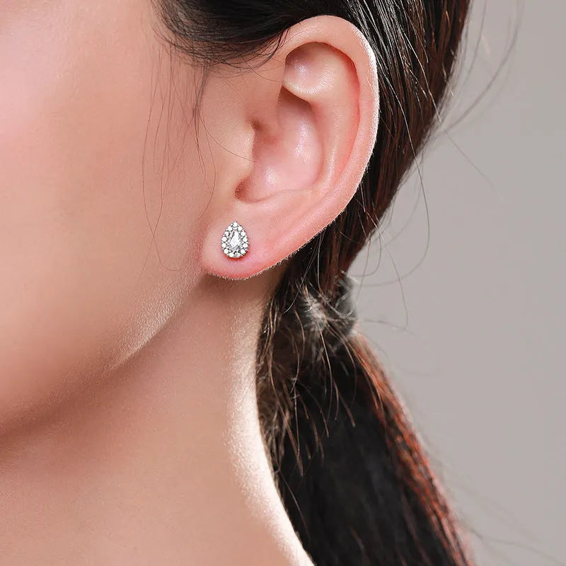 Women's silver water drop ear studs with diamond treatment surface