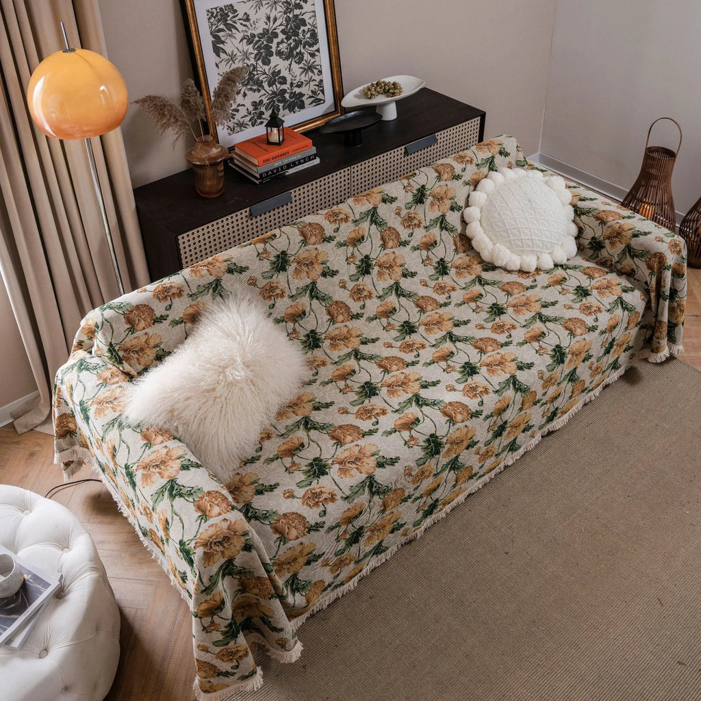 American country style floral jacquard pattern sofa cover in polyester cotton on a sofa.