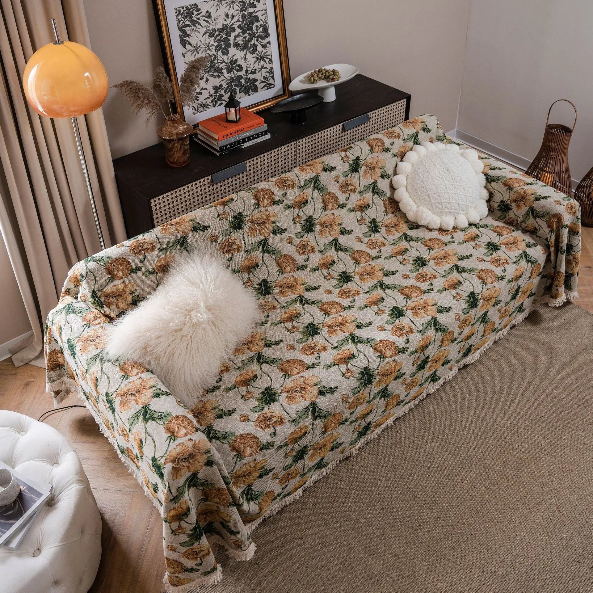 American country style floral jacquard pattern sofa cover in polyester cotton on a sofa.