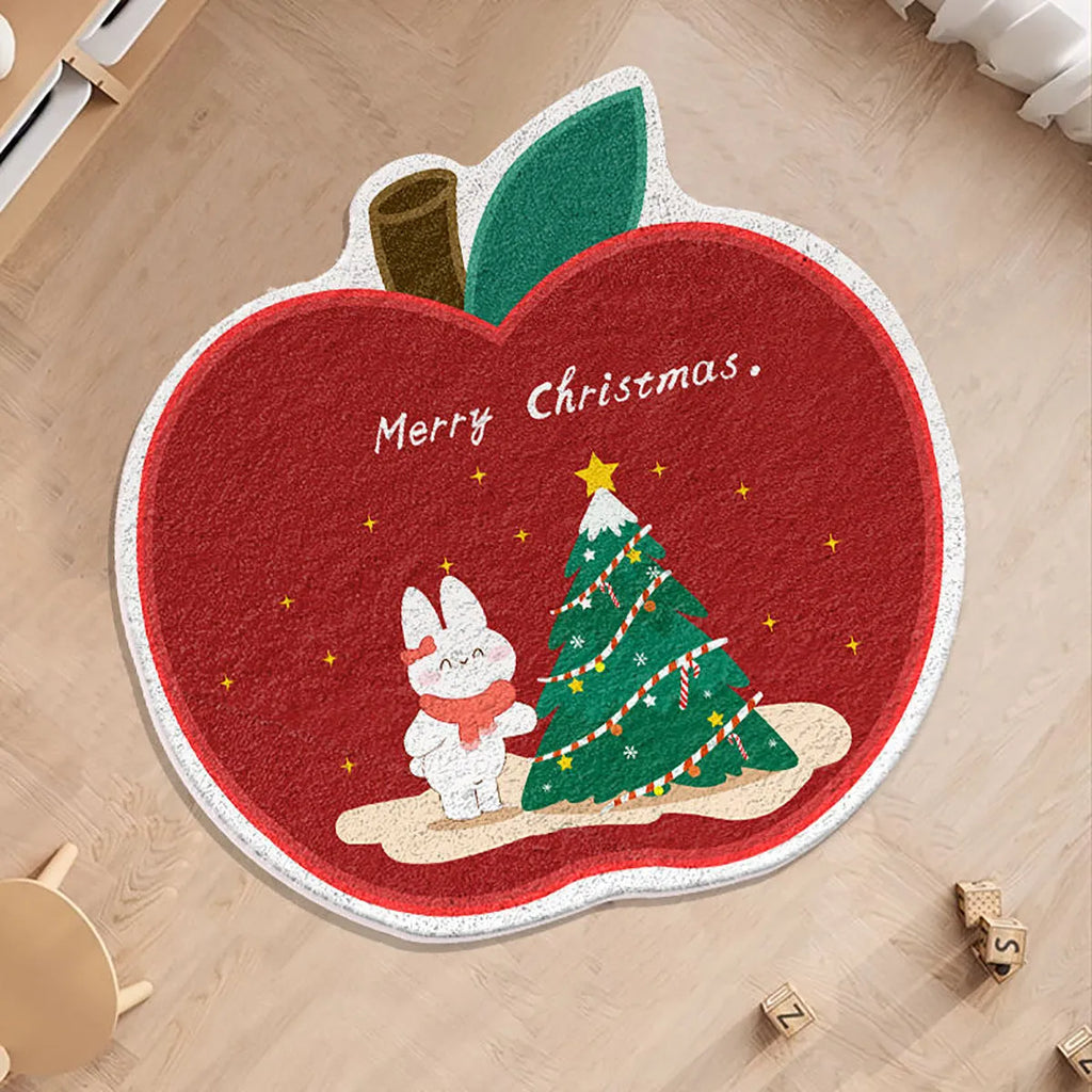 Round Christmas floor mat in imitation cashmere with festive designs including gingerbread men and Christmas trees