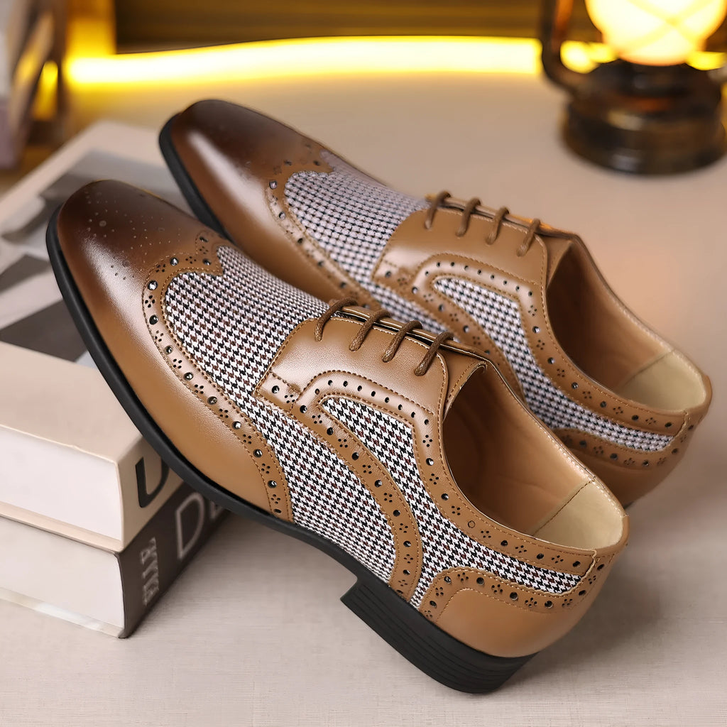 Men's black houndstooth pattern casual shoes with square toe and lace-up front on a rubber sole.