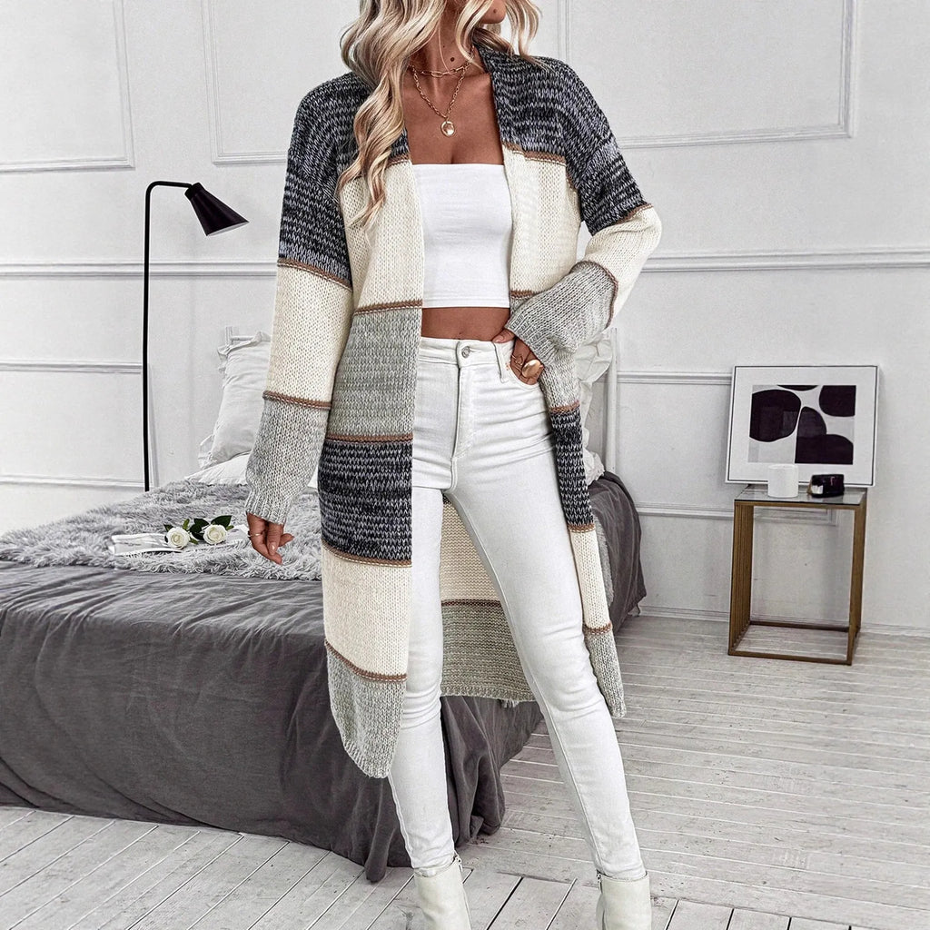 Grey women's knitted cardigan with loose street fashion styling and long sleeves
