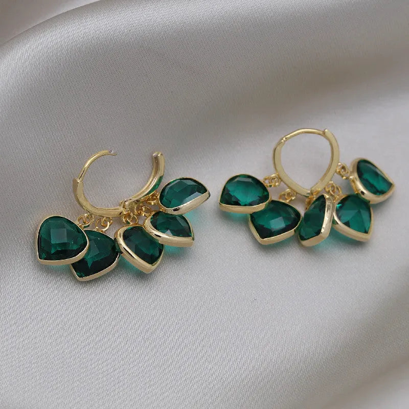 Korean style green heart glass ear clip earrings with artificial gemstone inlay