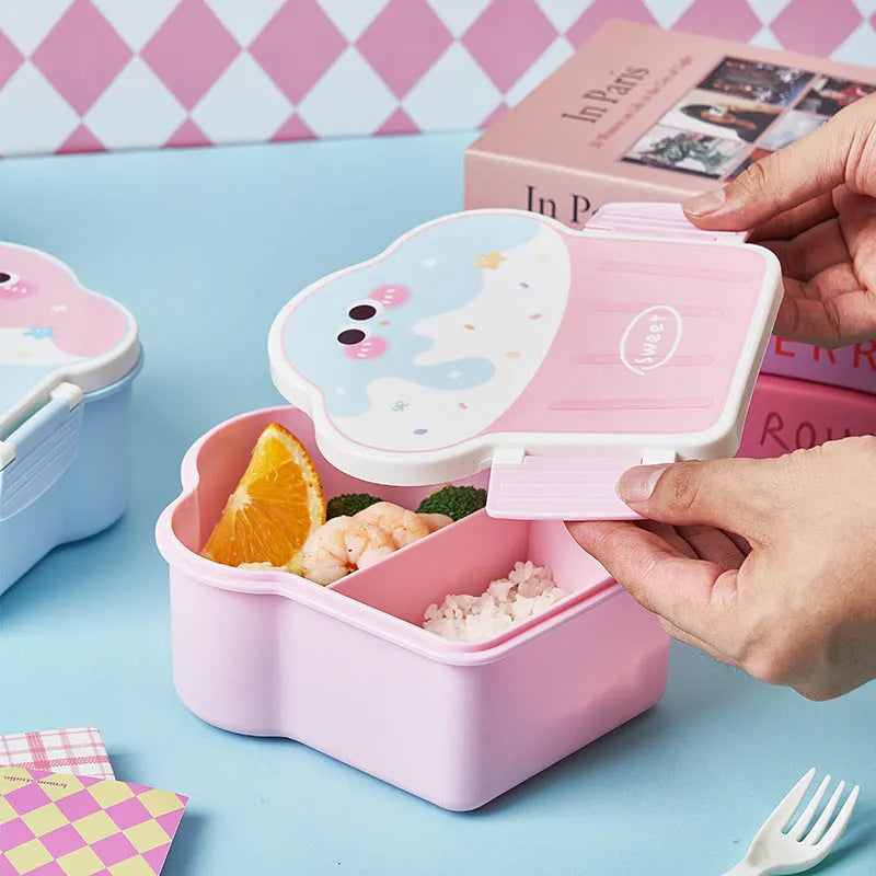 Ice cream shaped plastic lunch box with compartments and included spoon and fork