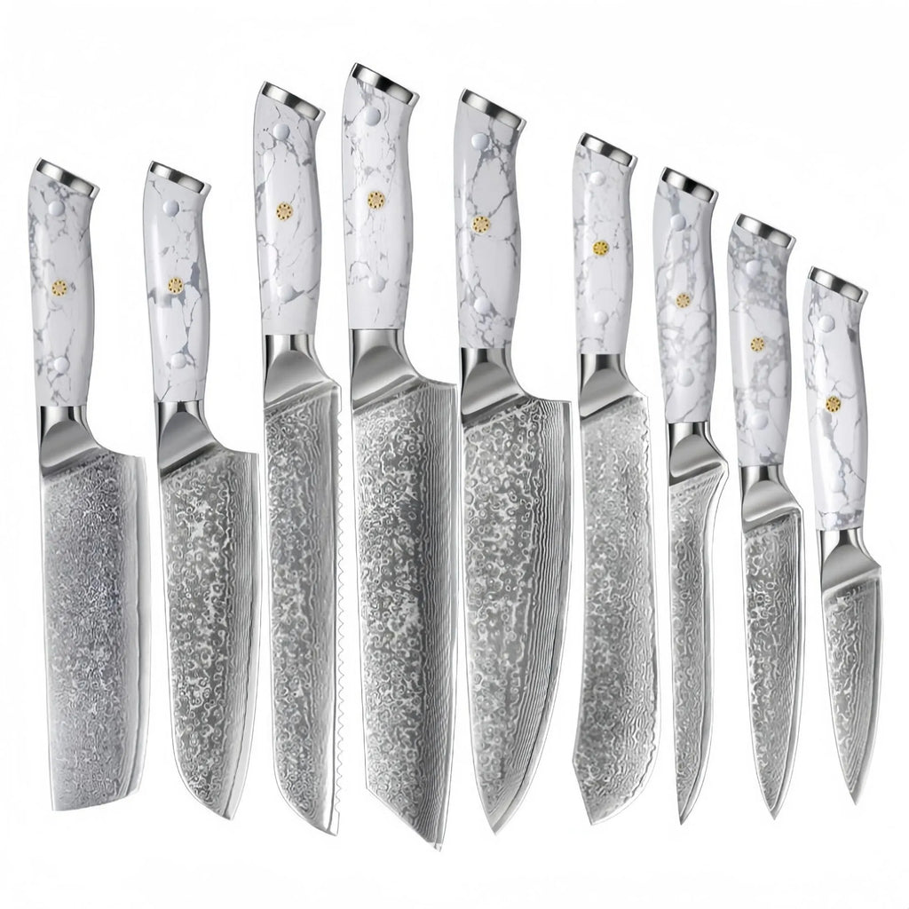 Damascus pattern chef's knife with 21cm VG10 steel blade and 11cm handle on a kitchen counter.