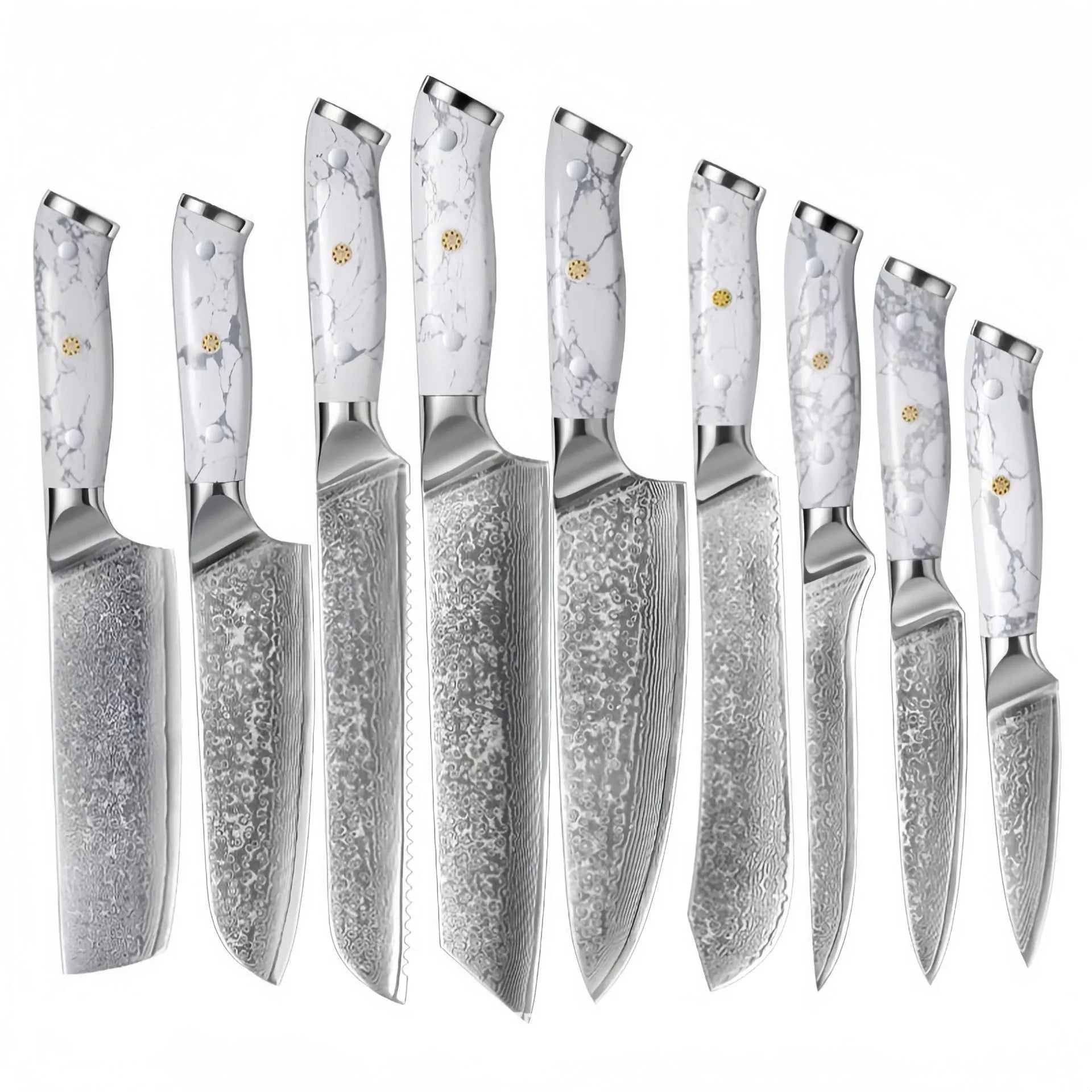 Damascus pattern chef's knife with 21cm VG10 steel blade and 11cm handle on a kitchen counter.