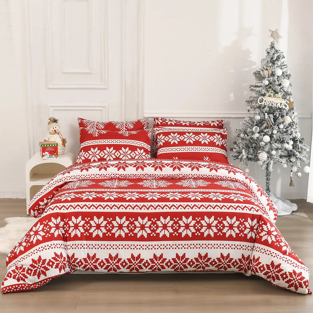 Red Winter Sleepers Christmas Love Song pattern bed cover-style quilt cover and pillowcases on a bed.