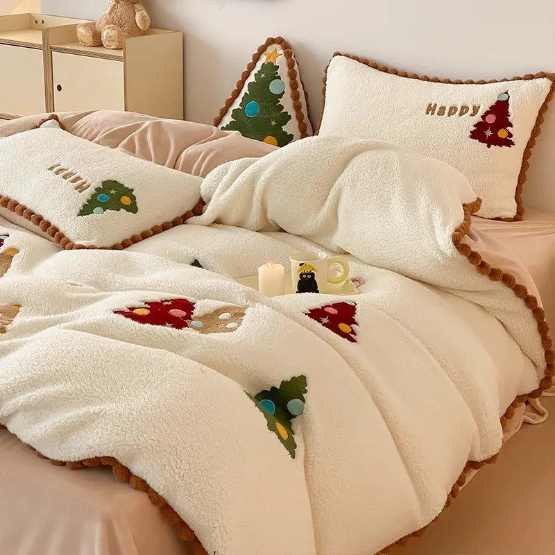Bright yellow Christmas tree embroidery bedding set with fleece lining, showing quilt cover and pillowcases