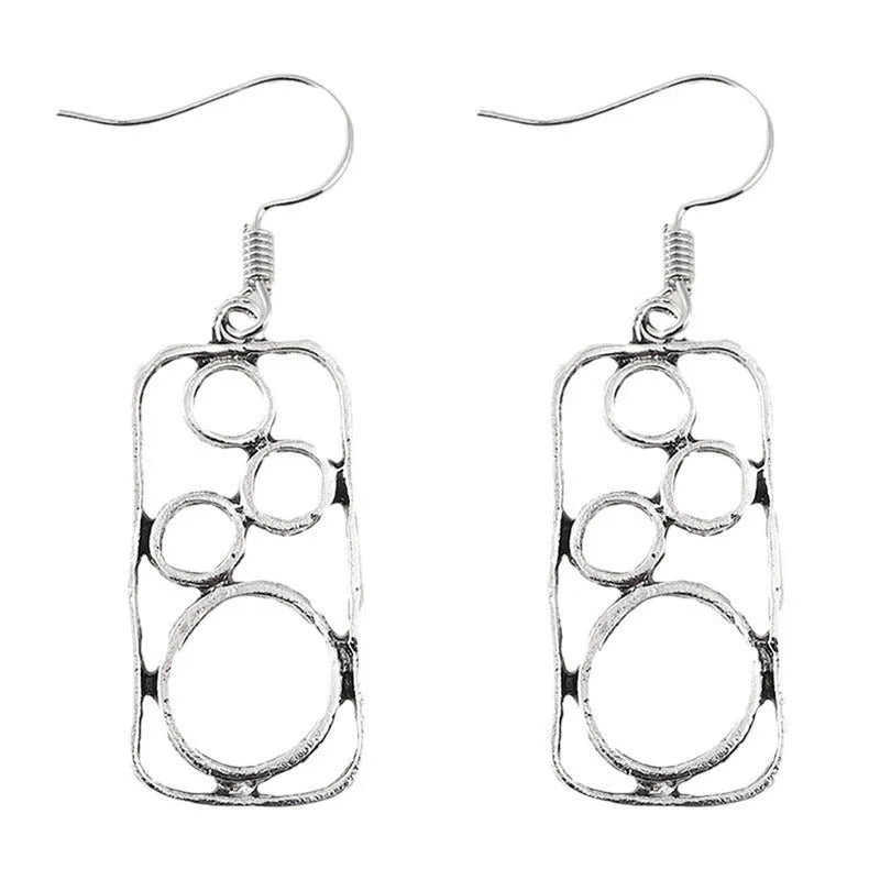 Geometric round earrings with irregular square design in antique silver finish