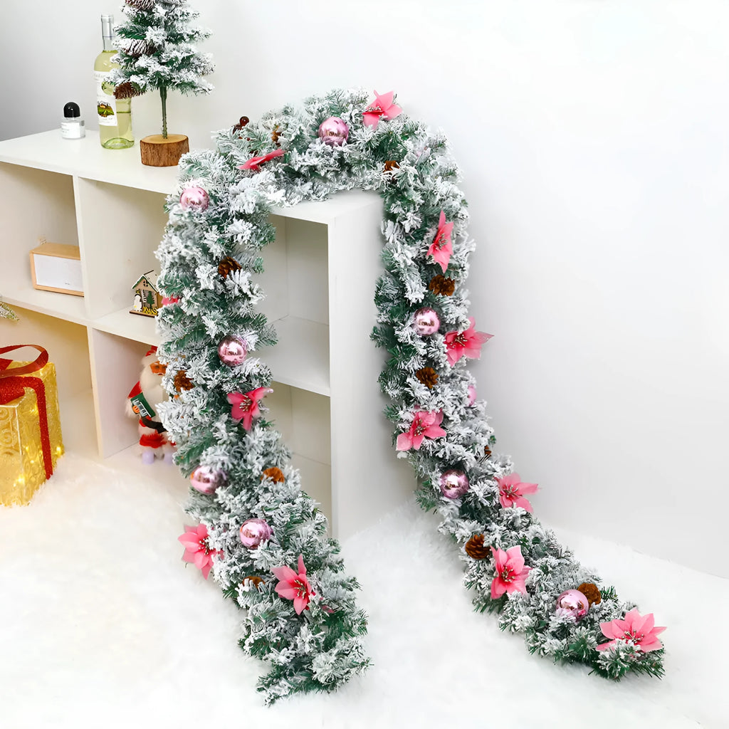Christmas rattan garland with flocked finish in classic American style, shown in golden colour