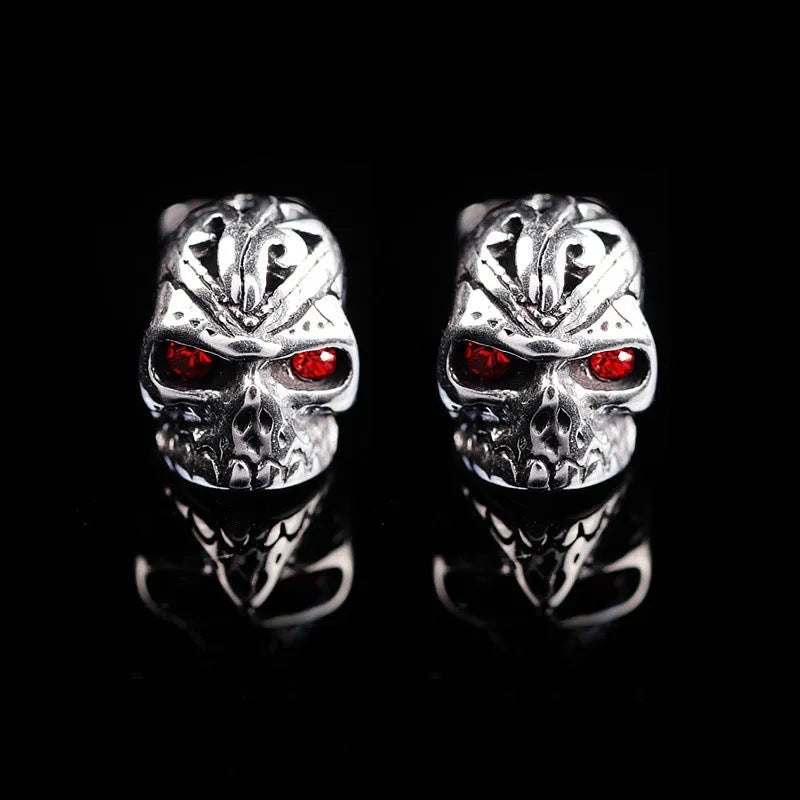 Skull stud earrings with red eye ghost head design and retro styling