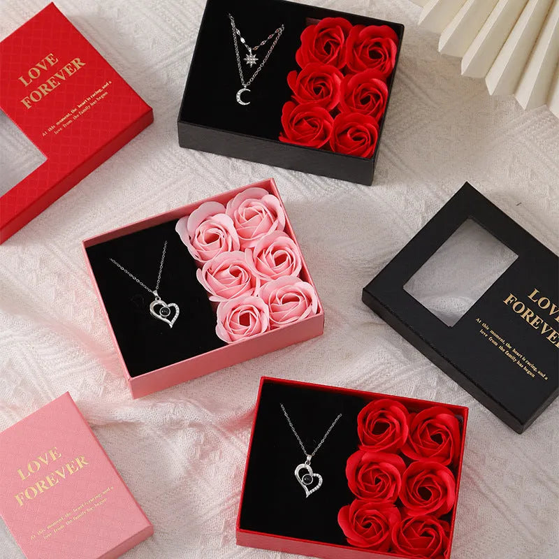Korean style soap flower gift box set with six roses in red, pink, or black, including a presentation box and handbag.