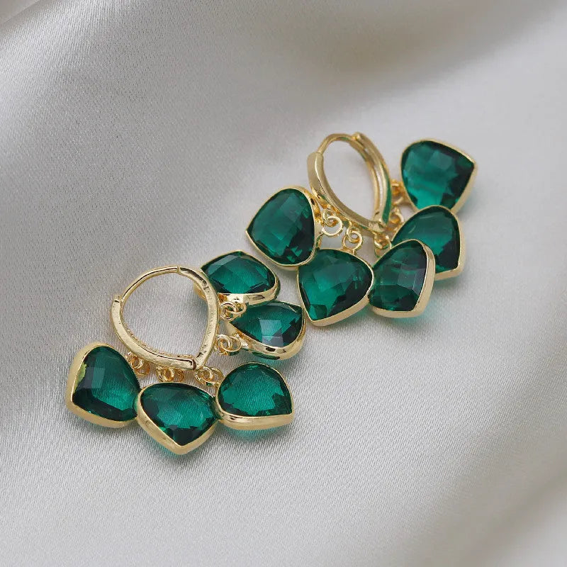 Korean style green heart glass ear clip earrings with artificial gemstone inlay
