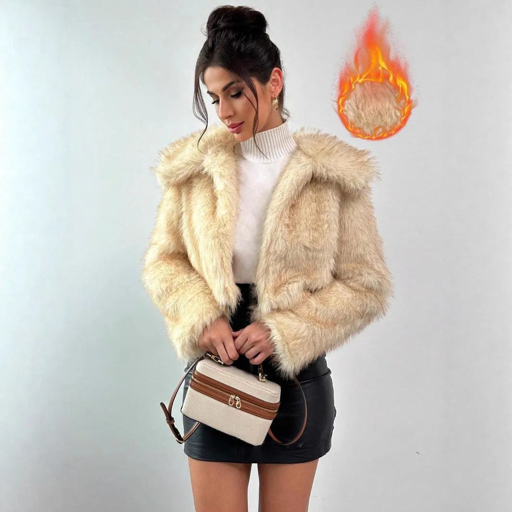 Short black artificial fur coat with a large fur collar, shown on a model.