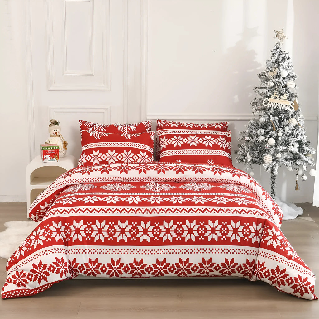 Red Winter Sleepers Christmas Love Song pattern bed cover-style quilt cover and pillowcases on a bed.