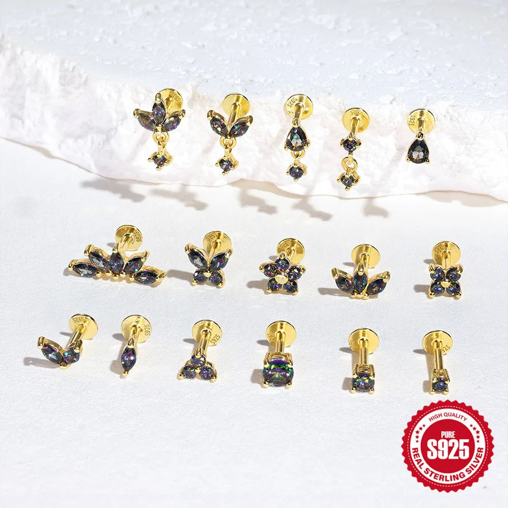 Geometric S925 sterling silver threaded stud earring with a flat head featuring a rainbow stone.