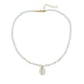 White women's necklace with a natural mother-of-pearl shell pendant on a regular chain.