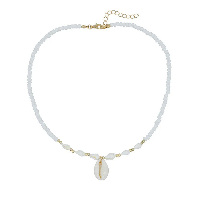 White women's necklace with a natural mother-of-pearl shell pendant on a regular chain.