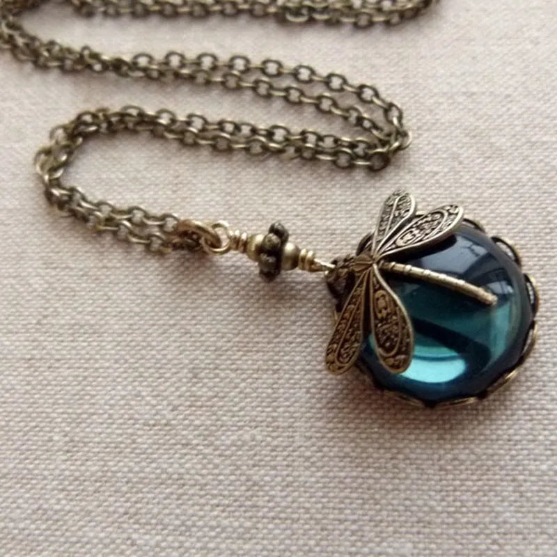 Yellow vintage bronze dragonfly pendant necklace with hand-carved 925 silver detail