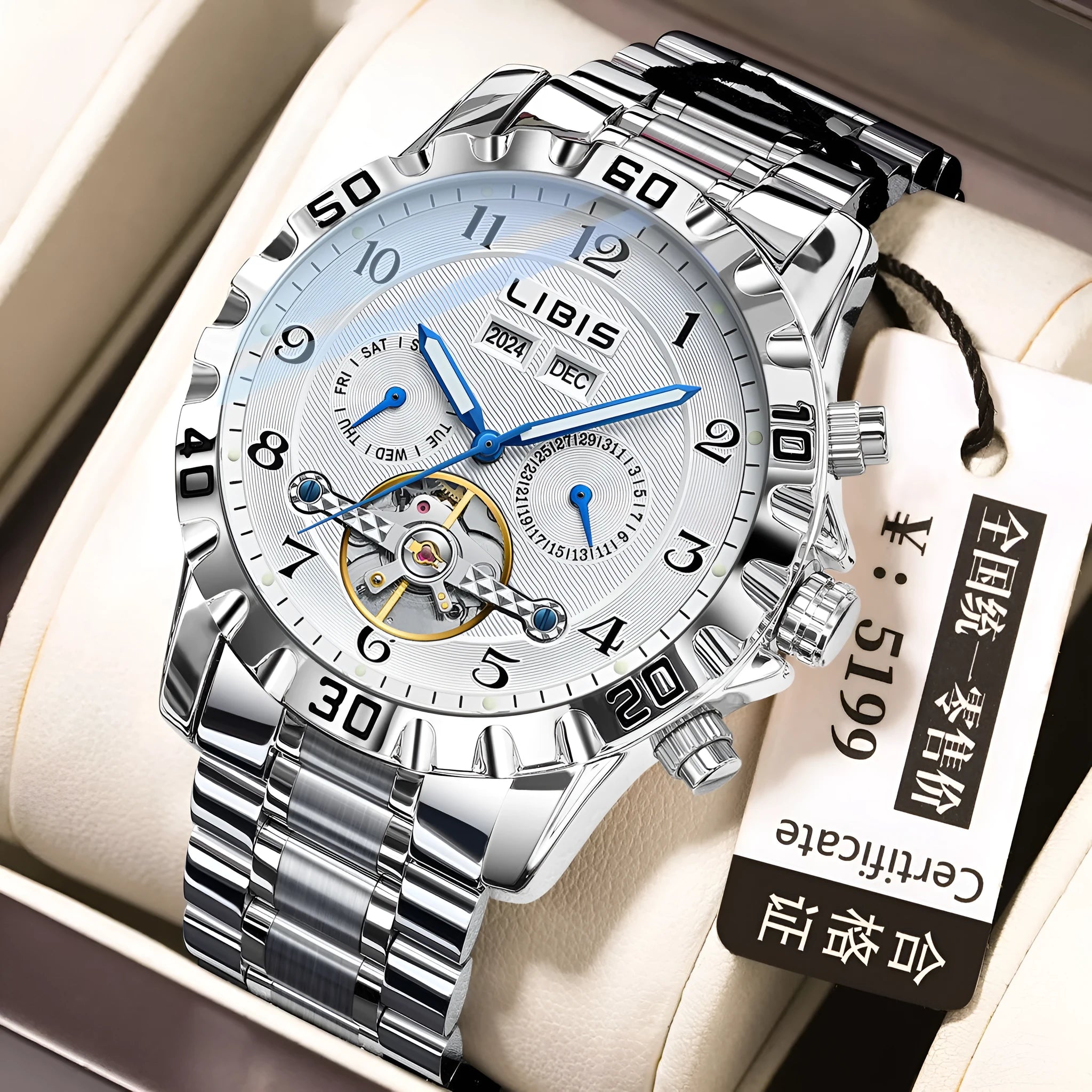 Men's silver stainless steel automatic perpetual calendar mechanical watch with business style design