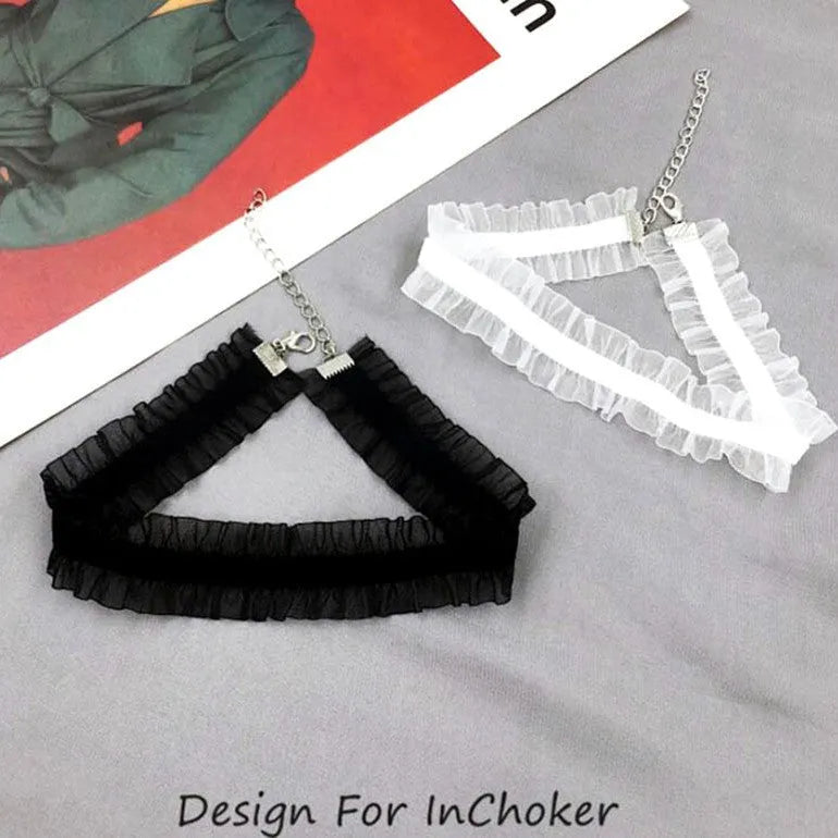 Velvet ruffled clavicle necklace with floral alloy pendant on snake bone chain in black colour