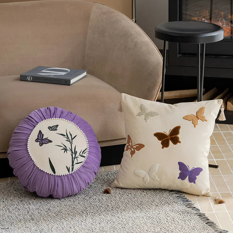 Butterfly embroidery Chinese style cushion 45x45cm in beige, black or purple
