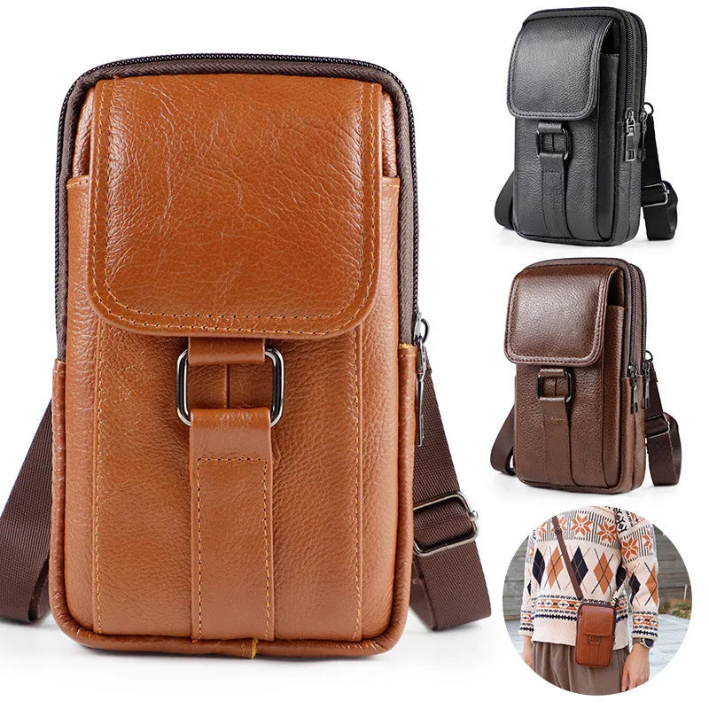 Men's genuine leather waist bag with metal lock in vertical square design