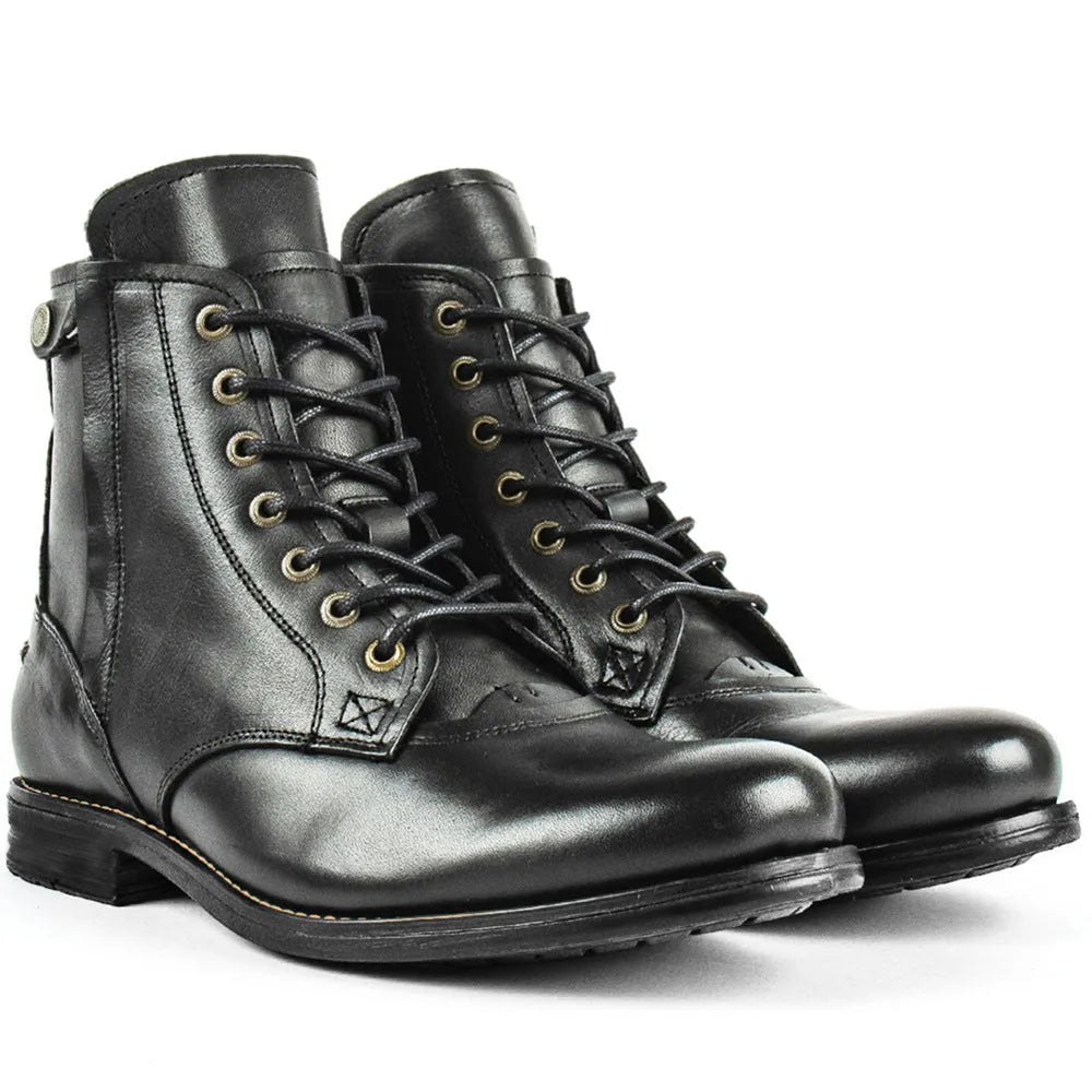 Knight Series two-tone black and brown leather boots with a side zipper and low heel.