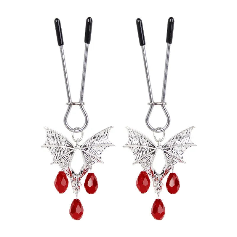 Silver alloy diamond bat nipple clamp with adjustable pressure and ruby bat clip design