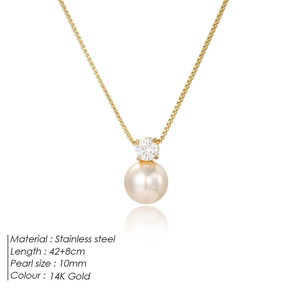 Simple stainless steel necklace with imitation pearl and zircon pendant on box chain