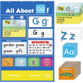 Large blue alphabet learning chart with scattered letter cards, word cards, and picture cards for children.