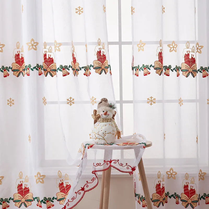 Pair of white Christmas curtains with embroidered red snowflake pattern
