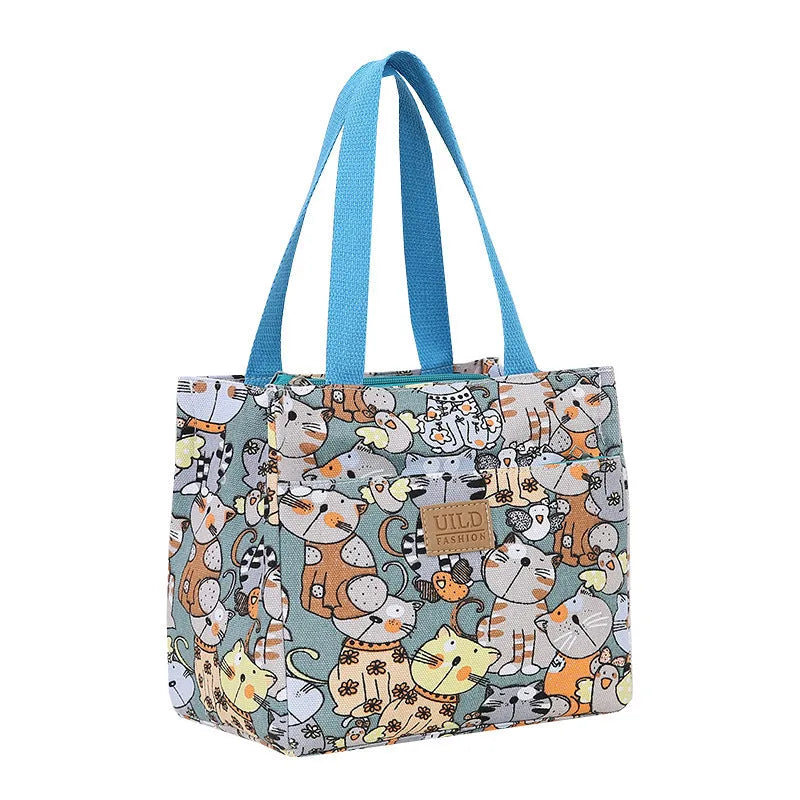 Women's printed canvas tote bag with aluminium frame in a square shape, showing floral and typographic design options.