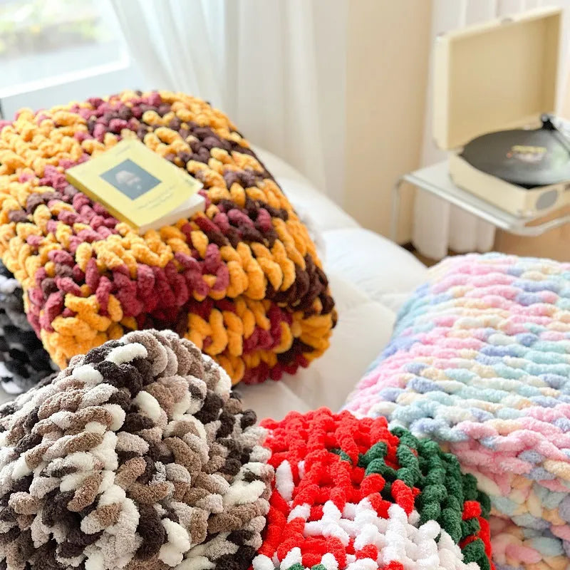 Chenille striped winter blanket in four colour options showing thick ice bar section dyeing pattern