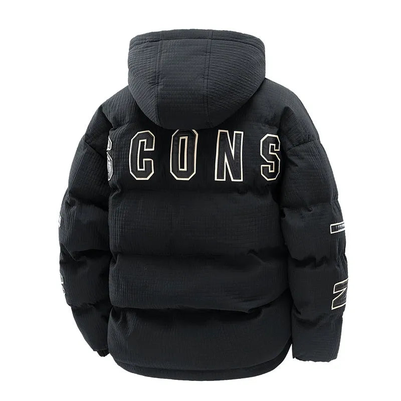 Men's black winter coat with hood and side pockets in Korean-style design
