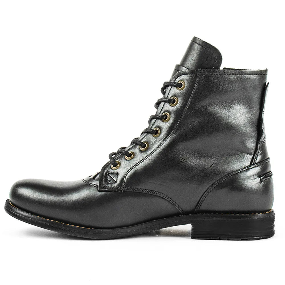 Knight Series two-tone black and brown leather boots with a side zipper and low heel.