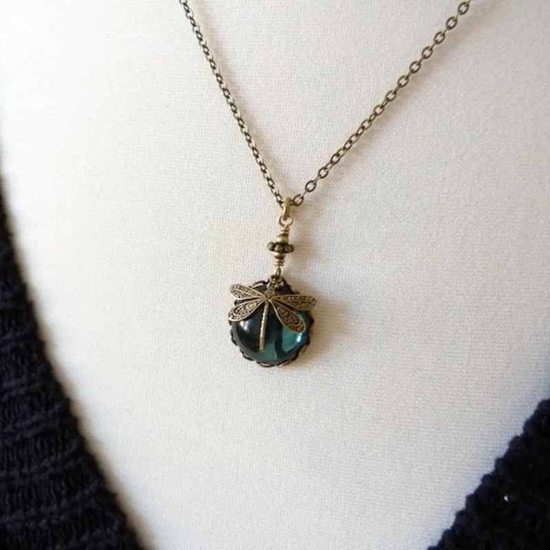 Yellow vintage bronze dragonfly pendant necklace with hand-carved 925 silver detail
