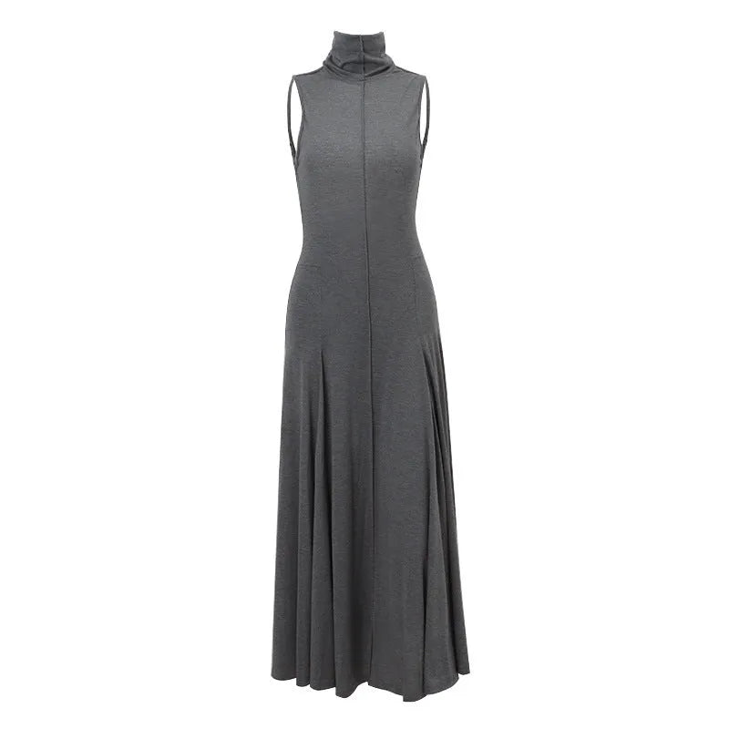 Women's grey cotton backless dress with half turtleneck and high waist
