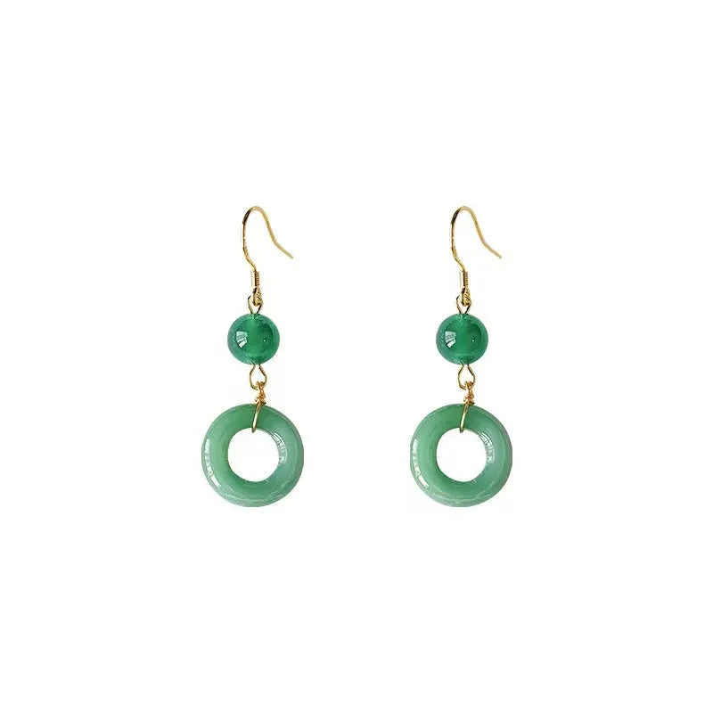 Green jade design peace buckle shaped Chinese style earrings with zinc alloy construction