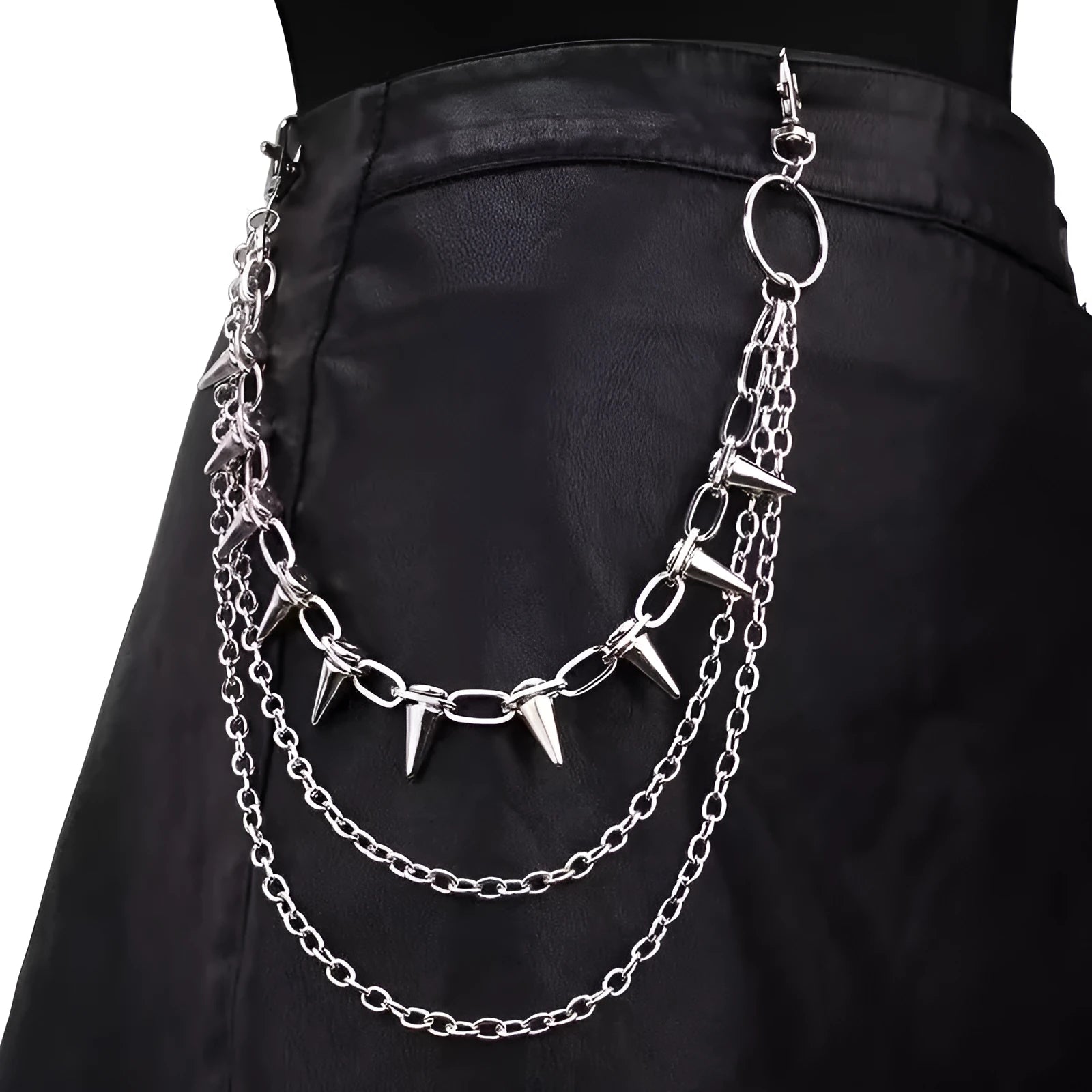 Silver metal pants chain with double-layer design and rivet details for punk hip hop fashion
