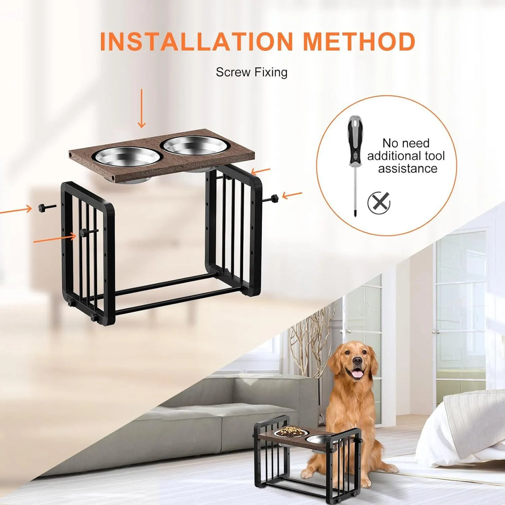 Black wooden dog bowl stand with non-slip bracket, dimensions 37x23cm.