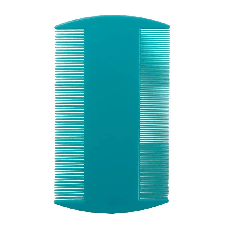 Double-edged fine teeth plastic comb for lice and flea removal in white, shown on a blue background.
