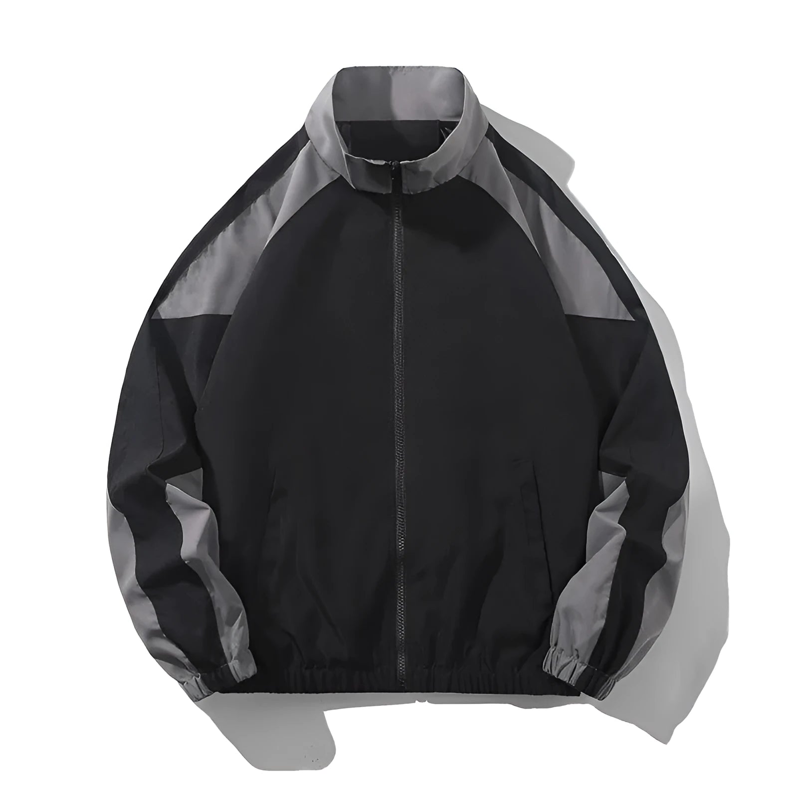Men's black casual jacket with contrast stitching and side pockets, laid flat.
