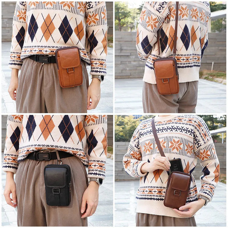 Men's genuine leather waist bag with metal lock in vertical square design