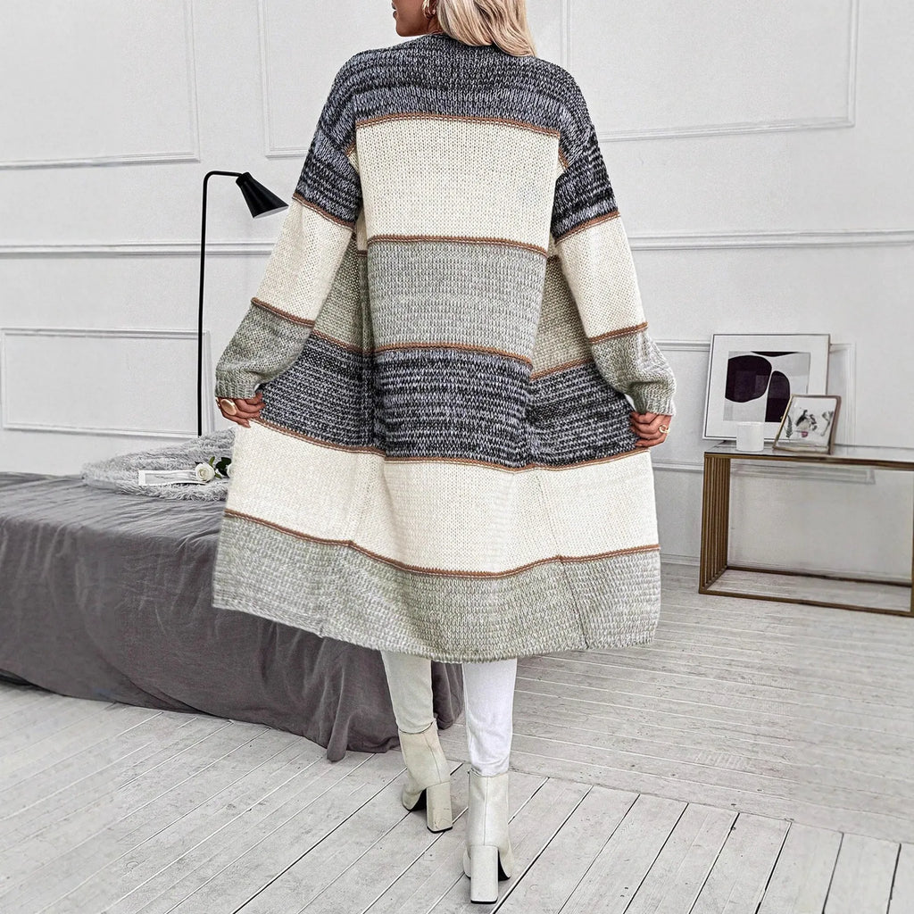 Grey women's knitted cardigan with loose street fashion styling and long sleeves